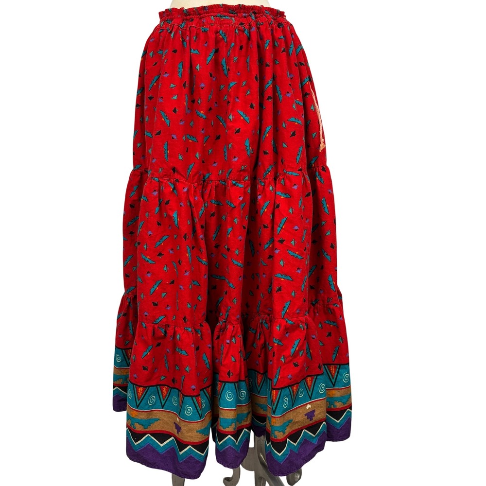 Vintage Rodeo Western Wear Tiered Prairie Skirt Red Southwest Print Size S Boho
